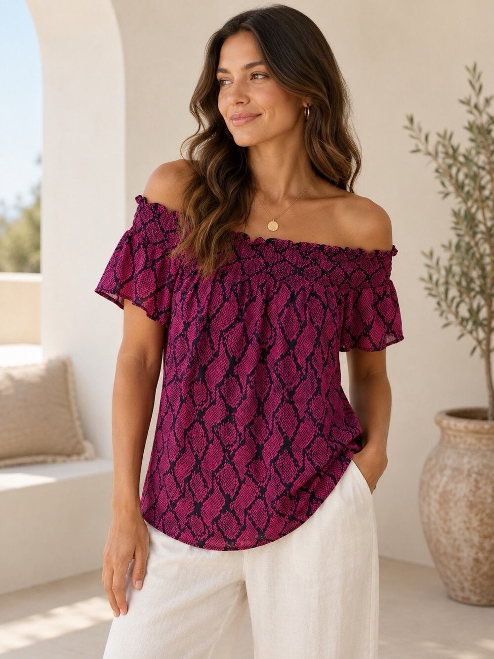 NWT Michael Kors Blouse PL Pink Snake Print Off Shoulder Smocked Ruffle Top